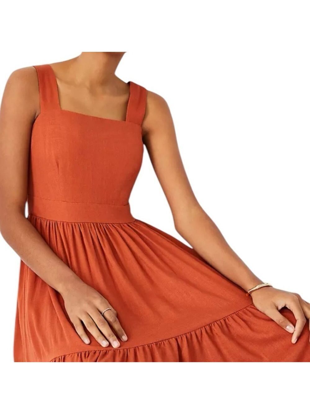 Ann Taylor Square Neck Midi Tiered Linen Blend Dress Sleeveless Summer Sz 12 - Picture 2 of 11